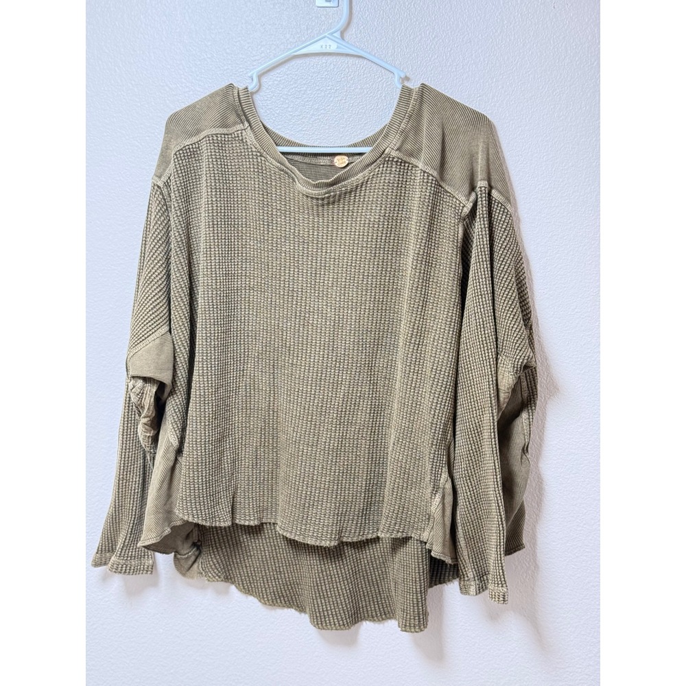 FP One Free People Waffle Knit Thermal Top Olive Green Elbow Patches Medium